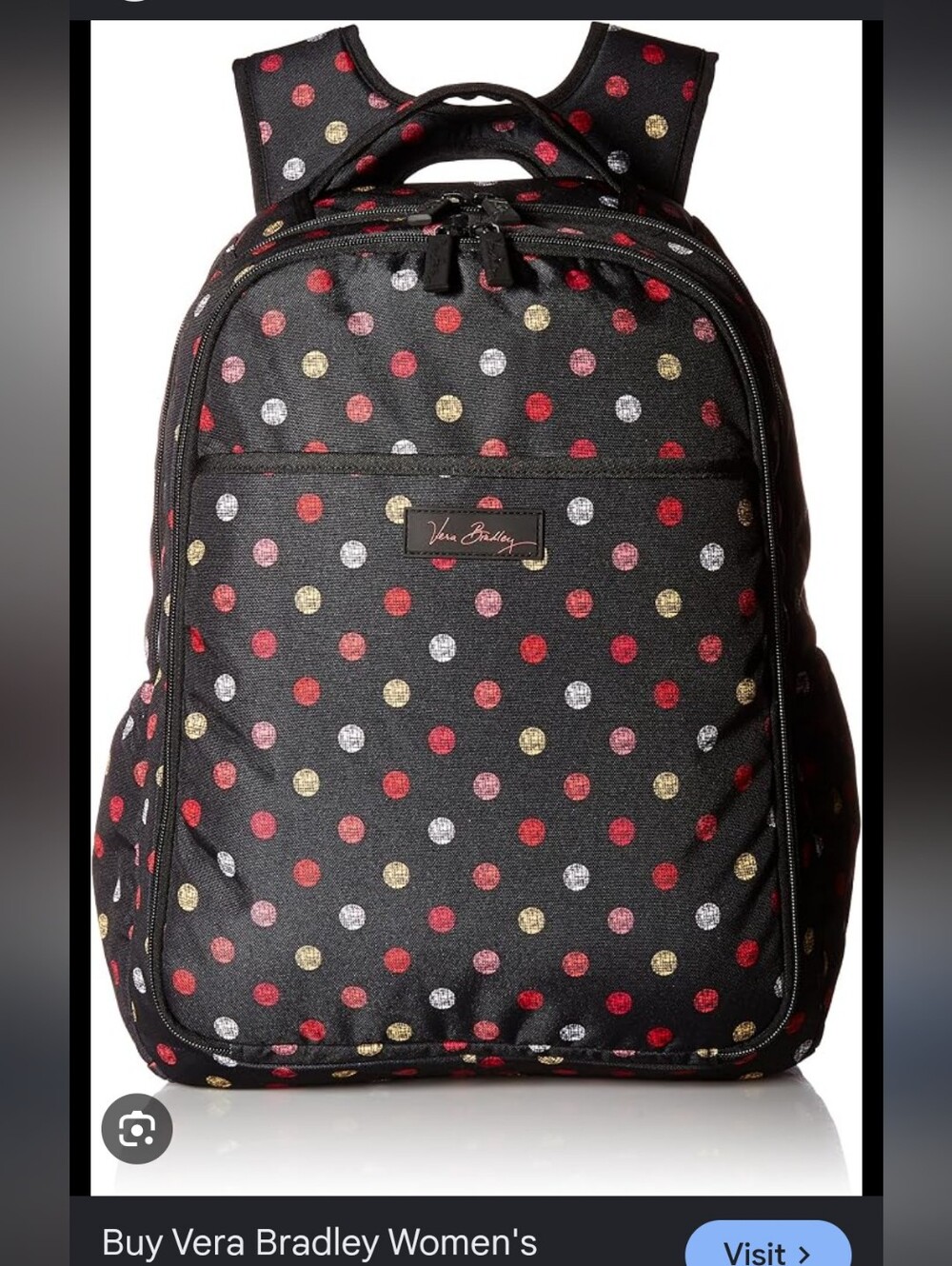 Vera Bradley Black Backpack with Pink, Gold and Silver Polka Dots